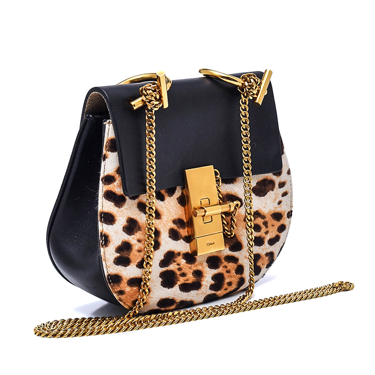 Chloe- Black Calfskin Calf Hair Leopard Print Mini Drew Bag